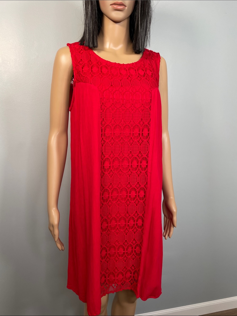 AUW Bright Red Crochet-Front Mini Dress